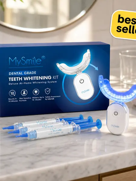 MySmile 10-Min Whiter Smile | Pro LED Teeth Whitening Kit, 28x Bulbs, 3 Gel Syringes, Sensitive Teeth Safe, Teeth Brightener, Dental Teeth Whitening