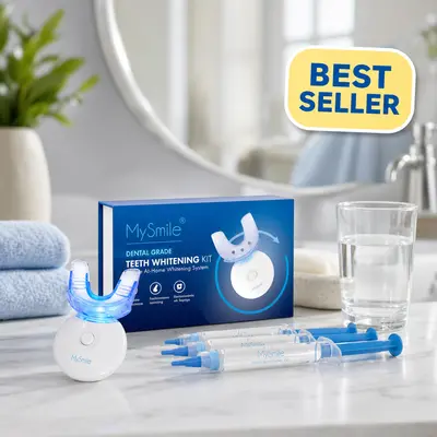 MySmile 10-Min Teeth Whitening Kit - 5 Blue Light LED Mouthpiece, Unscented Carbamide Peroxide Gel, Oral Stain Remover for Coffee & Wine Stains (Sensitive Teeth Friendly, Teeth Brightening)
