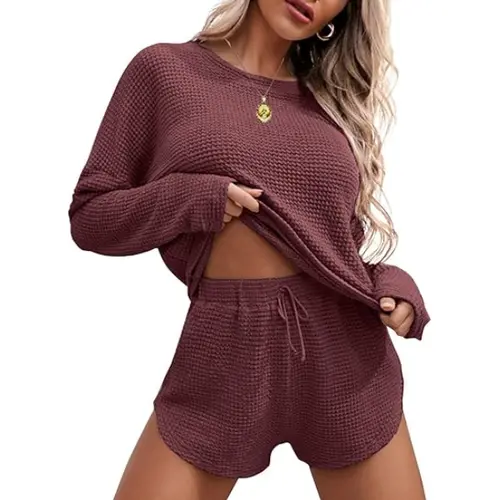 Ekouaer Women's 2-Piece Soft Light Comfy Elastic Basic Knitted Solid Waffle Polyester Blend Lounge Set - Long Sleeve Top, Pocketed Shorts Women's Pajamas Set for Casual Lounging, Nightwear