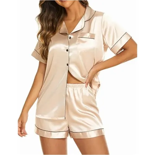 Ekouaer Women's Silky Cozy 2-Piece PJ Set for Women - Short-Sleeve Button Down Top, Above the Knee Stay-Put Elastic Solid Shorts with Comfy Fits