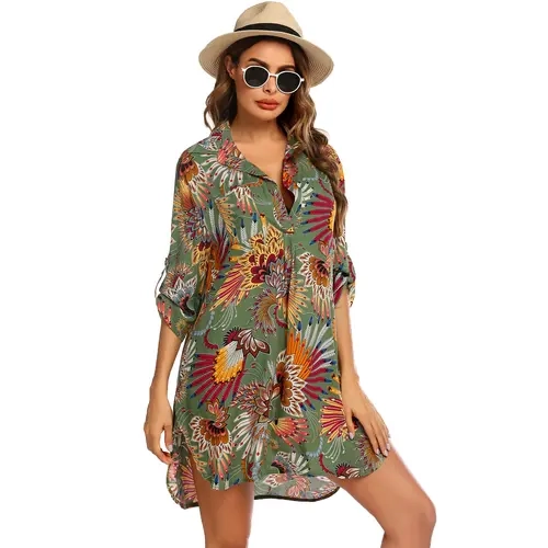 Ekouaer Women's Rayon Blouse - Elegant Button-Front, Loose-Fitting, Solid V-Neck, 3/4 Length Sleeves, Light Airy All-Seasons Top, Casual Beach Swimsuit Cover-Up, Machine Washable