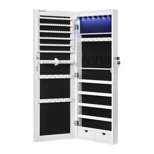 SONGMICS Hanging Jewelry Cabinet, Wall-Mounted Cabinet with LED Interior Lights, Door-Mounted Jewelry Organizer, Full-Length Mirror, Gift Idea