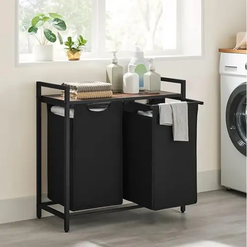 SONGMICS VASAGLE Modern Collapsible Rectangle Laundry Bin Sorter - Top Shelf, Pull-Out Bag, 2 x Anti-Tip Device, 44lb Capacity, Home Storage Organizer, 1 Compartment (19.7x13x28.4in), 2 Compartments (28.8x13x28.4in)