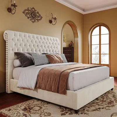 [Summerwins] AMERLIFE 52.8" High Bed Frame with Sleigh Headboard, Modern Velvet Upholstered Platform Bed with Deep Button Tufted Headboard/Studded Trim, Queen/King Size/Unique Bedroom Furniture/Best Gift Ideas/Christmas Gifts