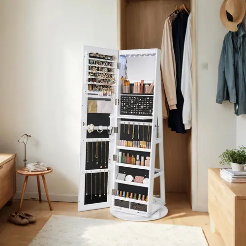 SONGMICS Lockable LED Lighted Jewelry Mirror Cabinet - Modern Storage Cabinet, Standing Vanity Aesthetic Armoire with 3 Drawers, Shelves, Fingerprint-Avoiding Surface, Large Full-Length Mirror, Door-Mounted Organizer, Christmas Gifts for Sister
