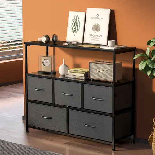 Sweetcrispy Modern Rectangle TV Stand Sideboard - Sturdy Metal Frame Console Cabinet, Compact Multimedia Centre with 5 Fabric Drawers & Large Open Storage Shelf, 45" TV Ready, Easy Setup Indoor Furniture for Living Room Decor
