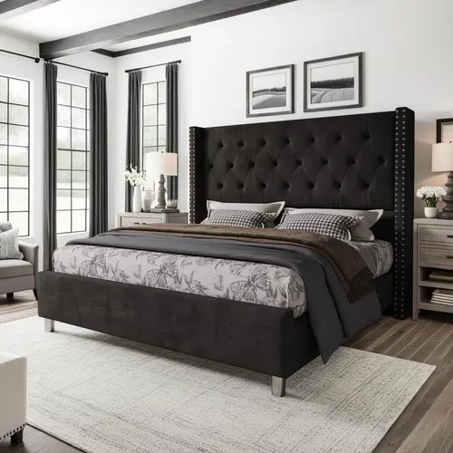 AMERLIFE Bed Frame with 49.2" Wingback Headboard, Upholstered Velvet Bed with Tufted Diamond Button/No Box Spring Needed/Easy Assembly/Christmas Gift[TikTokShopFallDealsForYou]