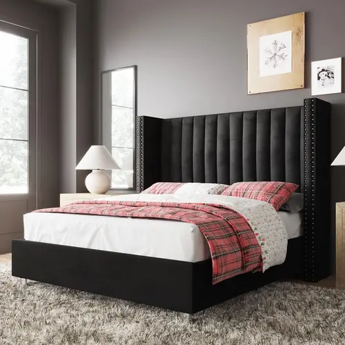 AMERLIFE Bed Frame Upholstered Bed Wingback Headborad Velvet Channel Tufted/No Box Spring Needed/Easy Assembled/Best Gift Ideas/Christmas Gifts[TikTokShopFallDealsForYou]