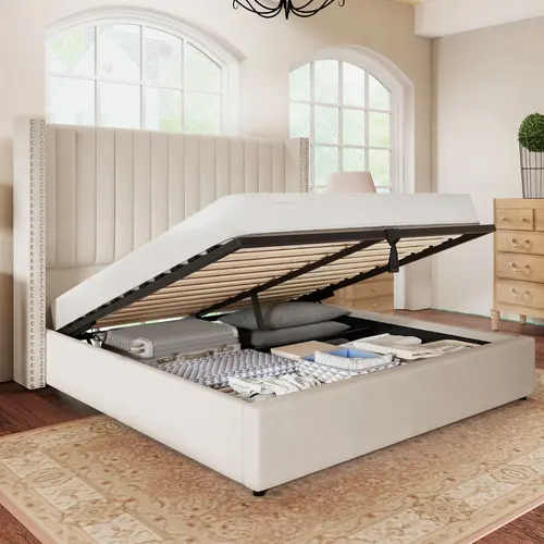 AMERLIFE Bed Frame with Headboard Lift Up Storage Bed, Velvet Upholstered Bed Frame With Channel Tufted Wingback Headboard/Christmas Gift/Best Gift Ideas[TikTokShopFallDealsForYou]
