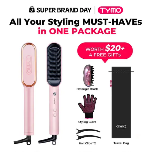TYMO Ring Pink Hair Straightener Comb & Curling Iron, 5 Temp Settings, Dual Voltage, Fast Heating, 3D Brush Teeth, Anti-scald, Auto-off, Salon Styling Brush, Travel Bag, Best Gift Ideas Hair Flat Iron Hair Crimper Iron Summervibes,father'sdaygifts,summerh