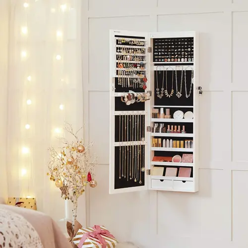 SONGMICS Lockable Modern Storage Cabinet - 47.2-in Tall MDF Home Organizer with 6 Soft 3-AAA Battery LED Lights, Key Lock, Easy Wall/Door Mounting, Glass Mirror, 2 Drawers, Large Space, Cabinet Organization, Assembly Guide, Jewelry Holder, Home Decor Gift