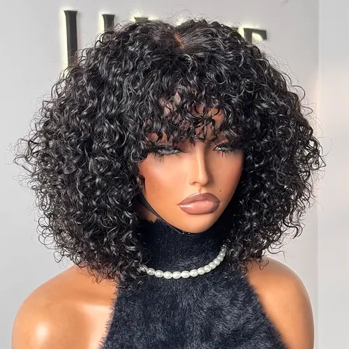 LUVME Beginner Friendly Water Wave Minimalist Lace Glueless Short Wig With Bangs, Curly Hair Wigs, Beginner Friendly Wigs