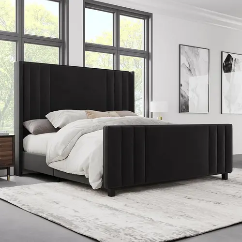 AMERLIFE Modern Bed Frame, Upholstered Platform Bed with Vertical Channel Tufted Headboard & Footboard, Premium Velvet, Queen/King Size/Unique Bedroom Furniture/Best Gift Ideas/Christmas Gifts[TikTokShopFallDealsForYou]