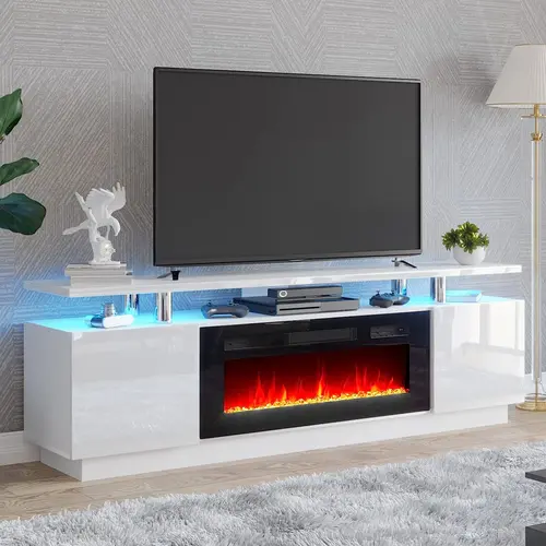 [Ships in 2 Boxes] AMERLIFE Fireplace TV Stand for Living Room, Modern High Gloss Entertainment Center with LED Lights, 2 Tier Storage Cabinet/Remote Control/Colorful Flame/Energy Efficient/Christmas Gifts[TikTokShopFallDealsForYou]