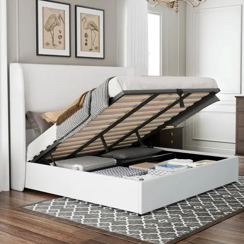 AMERLIFE Modern Lift Up Storage Bed with 52.1" Linen Upholstered Wingback Headboard, Platform Bed Frame with Large Underneath Storage Space/Hydraulic Menchies- King size(ships in 2 boxes)/Best Gift Ideas/Christmas Gifts[TikTokShopFallDealsForYou]