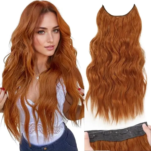 AISI HAIR Thick Clip-In Synthetic Hair Extensions, Invisible Elastic Wavy Hairpieces, 4-Clip Slipfree Fit, Adjustable Hooks, Glueless Pre Style, 20 Inch Chestnut Brown Waves, 2 Replacement Wires, for Daily Wear