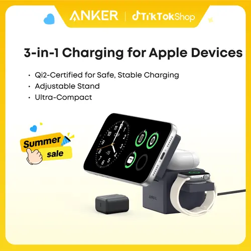 Anker 3-in-1 MagSafe Mobile Charger Stand - Foldable, Adjustable, Miniature, 15W Fast Charging, Hands-Free Viewing for iPhone 17/16/15/14 Series, Wearable Smart Watch, Wireless Earbuds (Charger, Interchangeable Plugs Included)