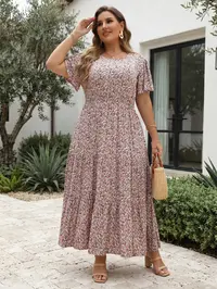 Women's Plus Size Ditsy Floral Print Pocket Ruffle Hem A Line Dress, Summer Clothes Women, Boho Bohemian Casual Butterfly Sleeve Long Dress, Women's Clothes For Holiday Vacation, Summer Outfits 2024, Casual Wear, Everyday