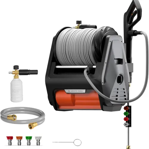【FallDealsForYou】Giraffe Tools Grandfalls 3700 MAX PSI Wall-mounted Retractable Pressure Washer Pro with 100ft Replacable High-Pressure Ultra-Soft Grey Hose, Upgraded Motor & Total Stop System, Pro Car Detailing, Large Estates & Driveways, 2 year-warranty