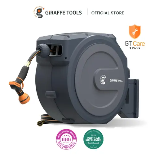 【DealsForYouDays】Giraffe Tools 300LB 5/8in 1/2in 90ft-130ft Tangle-Free Kink-Free Ultra-fast tidy Retractable Hose Reel Metal Bracketwith 180° Rotate Large Cover, Bob vila best overall, locked in any length, 9 Adjust-Nozzle, 2 years warranty, SummerWins