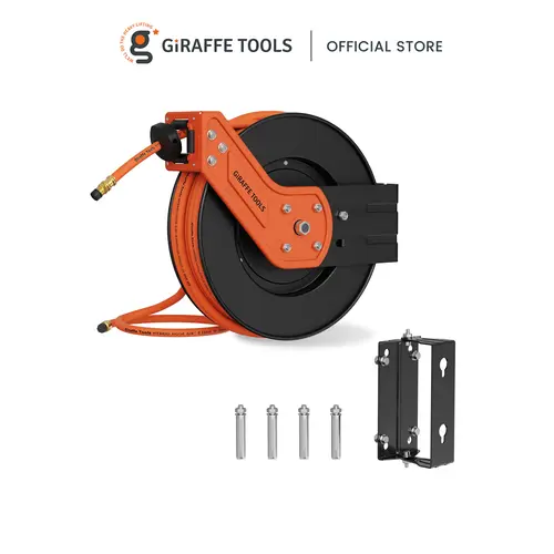 【FallDealsForYou】Giraffe Tools Durable Retractable Air Hose Reel - Alloy Steel Wall Mount Sturdy Double Arm Reel, 3/8in x50 FT Flexible Hybrid Hose, Max 300 PSI, Brass Fittings, Gentle Tug Rewind Function, 2 years warranty