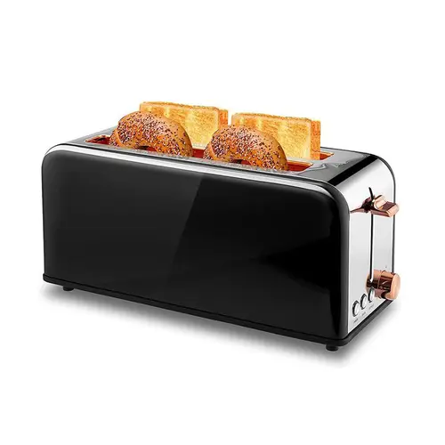 Pukomc Durable Brushed Stainless Steel 4-Slice Toaster - Kitchen Appliances with Extra Long Wide Slots, 6 Toaster Settings, Easy-Remove Tray, Pause/Bagel/Defrost Functions, 1500W WT-8500 Black, No LED Display, Bread Lever Lift, Family Size