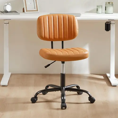 【Deal】Ergonomic Armless Adjustable Height Office Desk Chair Comfy, Sturdy Metal Base, 360° Swivel, U-Shaped Lumbar Support, Airflow PU Leather Seat, On Wheels Pivoting Space-Saving Furniture for Small Spaces, WFH Setup, Assembly Required, Adjustable Heigh