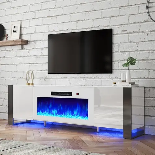 [Ships in 2 Boxes] AMERLIFE U-Shaped Legs Fireplace TV Stand, Media Console with Electric Fireplace and LED Lights, Modern Entertainment Center with Storage Shelf, Apartment Furniture/Best Gift Ideas/Christmas Gifts[TikTokShopFallDealsForYou]