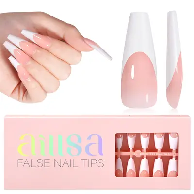 Aillsa Long Coffin French Tip Press on Nails - 180pcs Classic Nude/Brown Full Cover Soft Gel Nail Tips Natural False Nails 15 sizes Easy to Wear Soak Off Acrylic Extensions Reusable & Comfortable Fit DIY Nail Art at home press-on nail set dealsforyoudays
