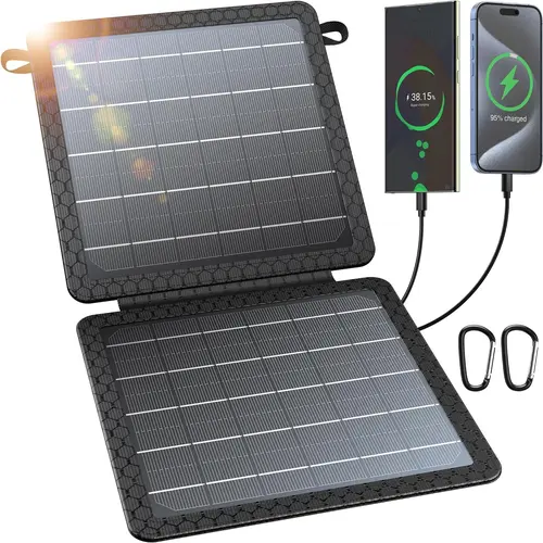 10W Foldable Camping Solar Panel - IP65 Waterproof Portable Solar Cell, 0.81lb Compact, Dual 5V/2A USB Outputs, Carabiners Included, Charges iPhone iPad Samsung for Hiking Outdoor Use