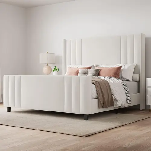 AMERLIFE Upholstered Bed with Vertical Channel Tufted Wingback Headboard & Footboard, Premium Velvet,No Box Spring Needed/Cool Furniture Bedroom/Queen/King Size/Best Gift Ideas/Christmas Gifts[TikTokShopFallDealsForYou]