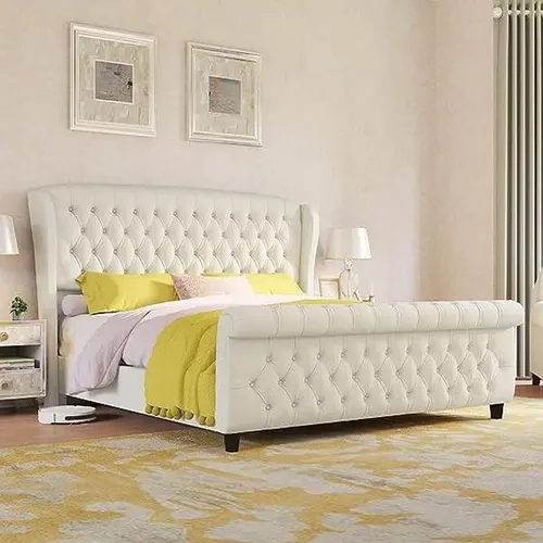 AMERLIFE Chenille Upholstered Sleigh Bed with Curved Headboard & Footboard, Deep Button Tufted, Wood Slats Support, No Box Spring Needed[TikTokShopFallDealsForYou]