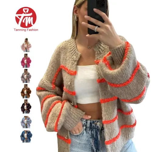 Tanming Oversized Striped Chunky Knit Cardigan Fall Fashion Open Front Button Down Sweaters for Women