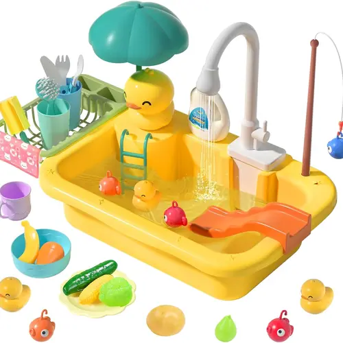 Cute Stone Kids Play Kitchen Accessories - Upgraded Electric Faucet Sink Water Toy, Float Fish & Frogs Fishing Dishes Set, Portable Pretend Play House for 6-8 Years Girls' Fun & Kids’ Learning (16.1x10.6x3.9 in, 4 AA Batteries) by Dealsforyouday