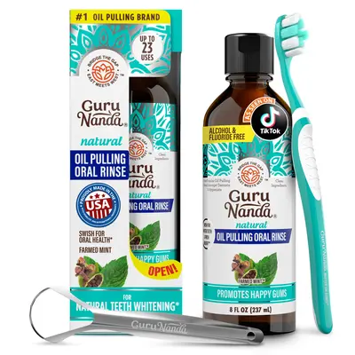 GuruNanda CocoMint Oil Pulling Mouthwash with 7 Essential Oils & 3 Vitamins, Promotes Fresh Breath & Happy Gums, Alcohol-Free, 8 fl oz