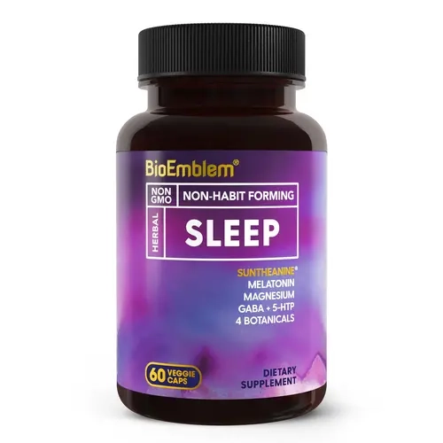 BioEmblem Natural Melatonin Sleep Aid Dietary Supplement for Adults with Valerian Root, Suntheanine, Magnesium, Chamomile Flower, Lemon Balm Calm | Herbal Capsules | 60 Count, Self Care Products