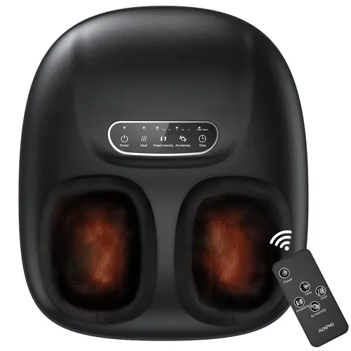 RENPHO FM057R Single Shiatsu Foot Massager with Heat, Air Compression, 50W Power, Remote Control - Adults' Selfcare Device with 3 Kneading Intensity, 3 Squeeze Intensity, Double Squeeze Massage for Plantar Fasciitis Relief (Fits Up to Size 11)