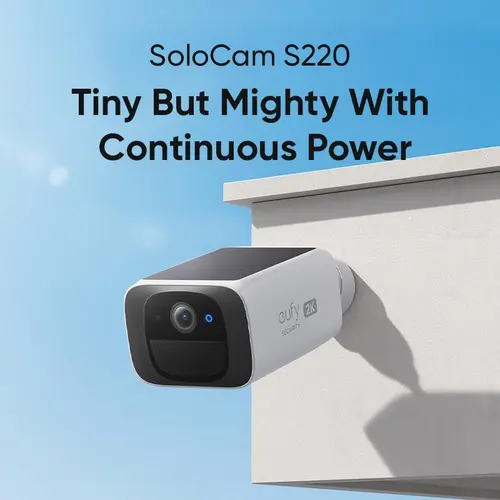 eufy SoloCam S220 Solar-Powered Cordless Smart WiFi Surveillance Digital Camera - 2K, 2.4 GHz Wi-Fi, Continuous Power, Day-Night Vision, AI Alerts, IP67 Rated, Tiny Single-Hole Installation, On-Device & App-Enabled Monitoring, Ideal for Outdoor Yards