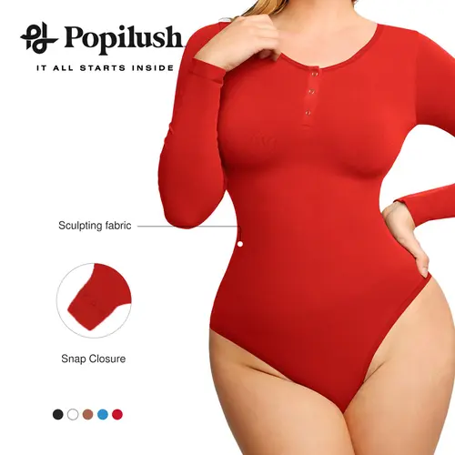 POPILUSH Women's Seamless Shapewear Bodysuit - Long Sleeve Henley Button Front, Ribbed Light Compression, Fitted 1-Piece, Slimming, Skin Tight Ribbed Shaping Bodysuits, Fitted One-Piece Bodysuits