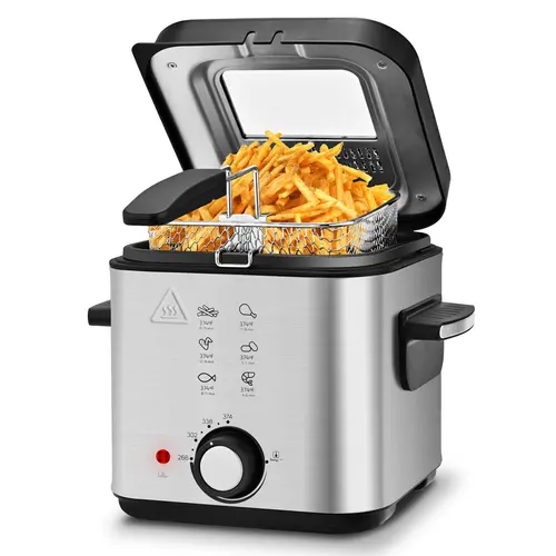 SUSTEAS Stainless Steel Electric Deep Fryer - 1.6 Qt Adjustable Temperature Fryer, Kitchen Appliance with Embedded Heating Element, Cool Touch Sides, Nonstick Basket, Easy-to-Clean Mini Modern Design, Ready Light for Timing (for Home Users)