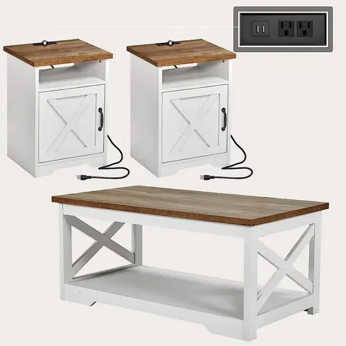 AMERLIFE 3-Piece Farmhouse Table Set Includes Coffee & Two End, Side Table with Charging Station and USB Ports, for Living Room, Bedroom/Best Gift Ideas/Christmas Gifts[TikTokShopFallDealsForYou]