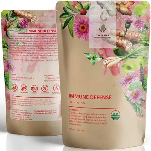Gardenika Organic Immunity Loose Leaf Tea, Caffeine-Free, Kosher, Herbal Natural Blend with Echinacea, Ashwagandha, Lemongrass, Ginger – 4 oz Beverage