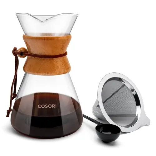 COSORI Pour Over Coffee Maker, 8-Cup, Double Layer Filter, Heat-Resistant Carafe, Wooden Handle, Drip Coffee, Camping, Hiking, Pots Tea