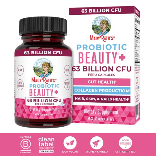 MaryRuth's Probiotic Beauty+ Capsules - Vegan Collagen Support - 1 Month Supply - Probiotic Capsules for Hair, Skin, and Nails - Vegan - 60 count