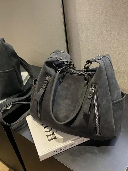 PU hobo bag solid color zipper large capacity college students novice white-collar office business commuting work bag Fashion Studded Decor Solid Color Zipper Shoulder Bag, Women's Trendy Chic Crossbody Bag for School & Party