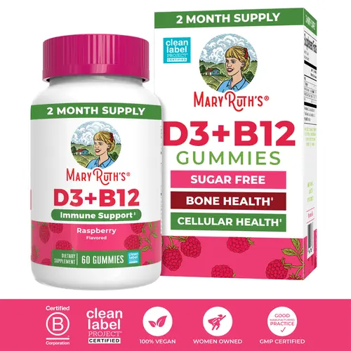 MaryRuth’s Vitamin D3 + B12 Gummies - Sugar Free - Bone Health - Immune Support - Energy Metabolism - Cognitive Function - Vegan - Non-GMO - Gluten Free - 60 Servings - 2 Month Supply