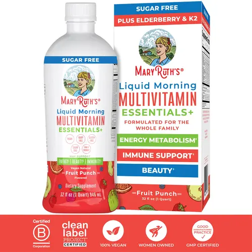 MaryRuth's Liquid Morning Multivitamin Essentials+ - B Complex Vitamins - Vitamins A, C, D, E, K -  Zinc - Elderberry - Beauty - Sugar Free - 32 Fl Oz