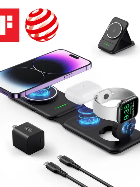 INIU 3 in 1 Magnetic Foldable Wireless Charger Stand for Apple Series, Travel Wireless Charging Station Compatible with Multple Devices for Apple Watch, AirPods, iPhone 17 16 15 14 13 12 series Pro Max Mini (with Adapter) Mobile Portable Folding