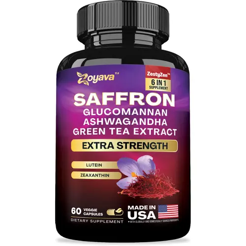 Zoyava Saffron All-in-One Supplements - Extra Strength Formula with Glocomannan, Ashwagandha, & Green Tea Extract for Happier You - 60 Capsules - Made in USA