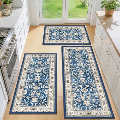LOKHOM 3-Piece Traditional Floral Area Rugs Set - 20x48inch Home Decor Rugs, Indoor Flat Weave Non-Slip Polypropylene with TPR Grip, Machine Washable, Anti-Shrink, Fade Resistant Kitchen Runner & Mats (Do Not Dry Clean)